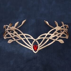 Super hero, Wonder Woman, Golden Elven Leaf Crown Fantasy Tiara w/ Red Gemstone
